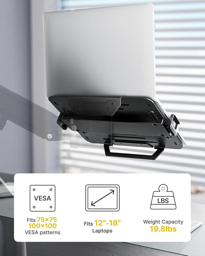 Montek Adjustable Laptop Tray for Monitor Arm & Stand, Universal VESA Mount Laptop Holder 12″–18″, Fits Thick Gaming Laptops, Heavy-Duty Steel up to 19.8lbs, VESA 75x75/100x100 Office/Studio/Gaming - Image 2